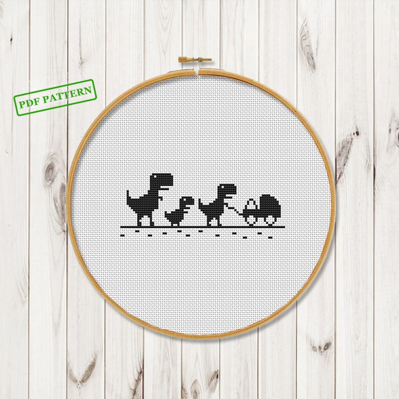 Funny Cross Stitch Trex Pattern Dinosaur Trex Family Easy Beginners Mini Modern Cute Trex Cross Stitch Silhouette PDF pattern download