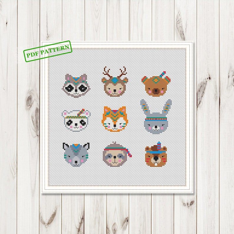 Animals Cross Stitch Cute pattern Boho FunnyBear Fox Deer Bear Sloth modern Xstitch Animals baby nursery PDF Pattern download