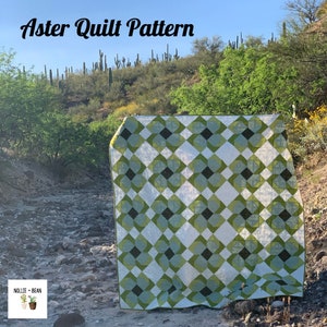 May include: A green, white, and black quilt pattern called "Aster Quilt Pattern" is displayed outdoors on a rocky surface. The quilt is made up of repeating geometric shapes.