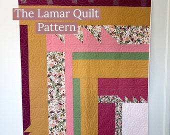 May include: The Lamar Quilt Pattern, a quilt with a geometric design featuring a variety of colors and patterns, including pink, green, yellow, and white.