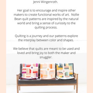 May include: A three-piece quilt set in shades of pink, orange, and yellow, with geometric patterns, is displayed on a brown sofa. The text "nollie bean" is displayed below the sofa.