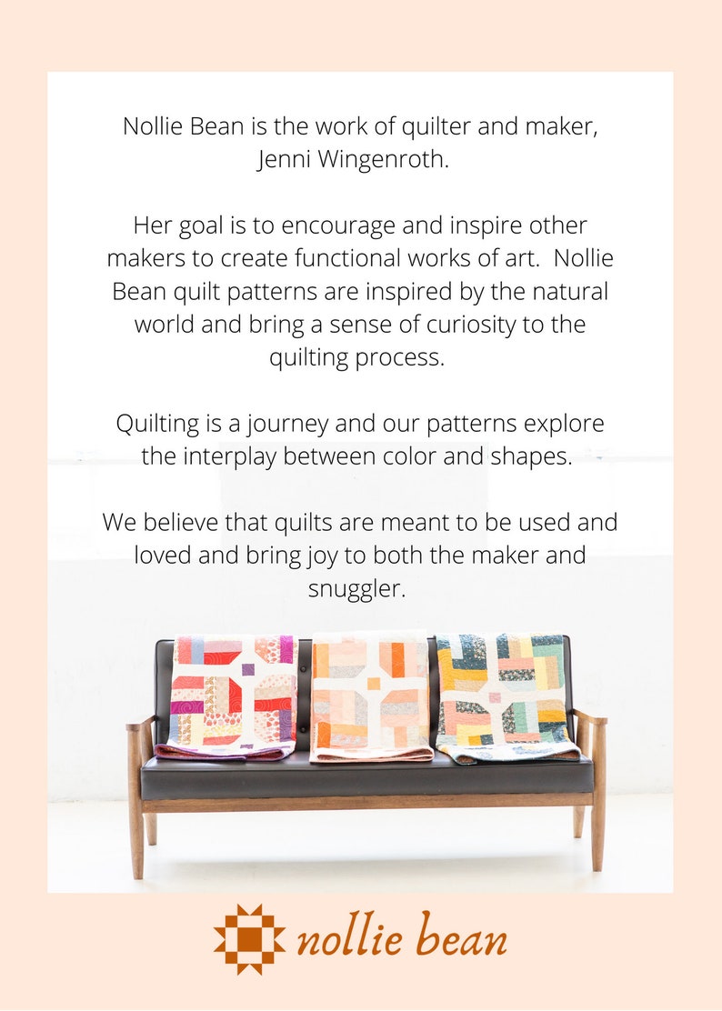 May include: A three-piece quilt set in shades of pink, orange, and yellow, with geometric patterns, is displayed on a brown sofa. The text "nollie bean" is displayed below the sofa.