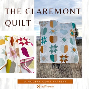 May include: A modern quilt pattern called "The Claremont Quilt" featuring a patchwork design with teal, orange, and white geometric shapes. The quilt is displayed on a grassy field.