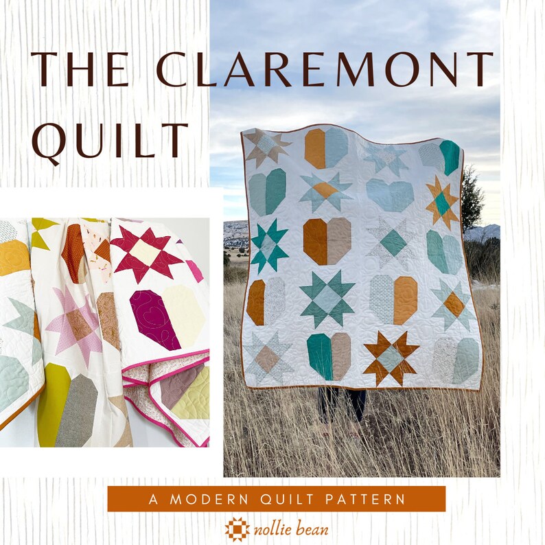 May include: A modern quilt pattern called "The Claremont Quilt" featuring a patchwork design with teal, orange, and white geometric shapes. The quilt is displayed on a grassy field.