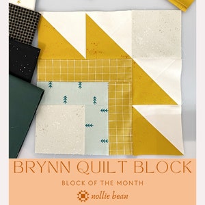 May include: A quilt block pattern in a yellow, white and blue colour scheme. The block features a geometric design with a starburst pattern in the centre. The text "BRYNN QUILT BLOCK" and "BLOCK OF THE MONTH" is printed at the bottom of the image. The text "nollie bean" is printed in a stylised font with a small star icon.