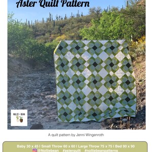May include: A green, white, and black quilt pattern called "Aster Quilt Pattern" by Jenni Wingenroth. The quilt is laid out on the ground in a desert landscape. The pattern includes a repeating geometric design. The text "Baby 30 x 45 | Small Throw 60 x 60 | Large Throw 75 x 75 | Bed 90 x 90" is at the bottom of the image. The text "@Nolliebean #asterquilt #nolliebeanpatterns" is also included.