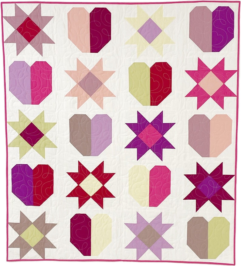 May include: A quilt with a pink, purple and cream colour scheme. The quilt is made up of 16 squares, each with a different design. The designs include hearts, stars and diamonds.