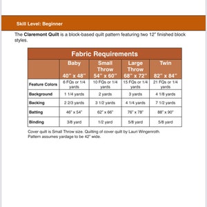May include: A table showing fabric requirements for a quilt pattern called "The Claremont Quilt". The table lists the fabric requirements for four different quilt sizes: Baby (40" x 48"), Small Throw (54" x 60"), Large Throw (68" x 72"), and Twin (82" x 84"). The table lists the fabric requirements for each size in terms of the number of fabric squares (FQs) or yards of fabric needed for the feature colours, background, backing, batting, and binding.