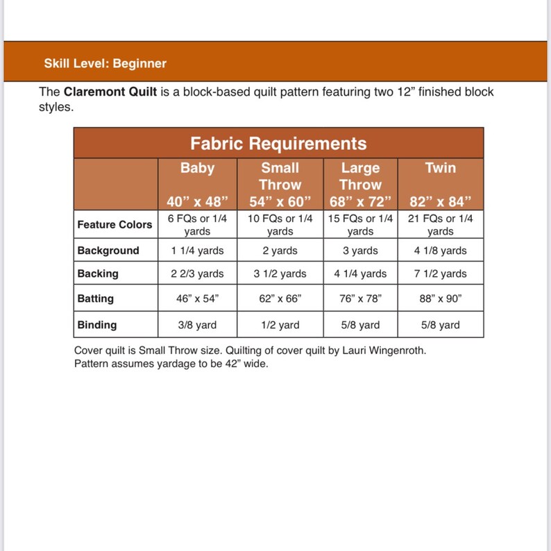 May include: A table showing fabric requirements for a quilt pattern called "The Claremont Quilt". The table lists the fabric requirements for four different quilt sizes: Baby (40" x 48"), Small Throw (54" x 60"), Large Throw (68" x 72"), and Twin (82" x 84"). The table lists the fabric requirements for each size in terms of the number of fabric squares (FQs) or yards of fabric needed for the feature colours, background, backing, batting, and binding.