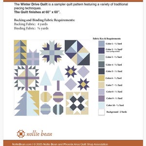 May include: A Winter Drive Quilt sampler pattern document with a 60" x 60" finished size. The page displays a grid of geometric shapes including trees, stars, and ornaments in shades of blue, purple, and gold, alongside a fabric key.