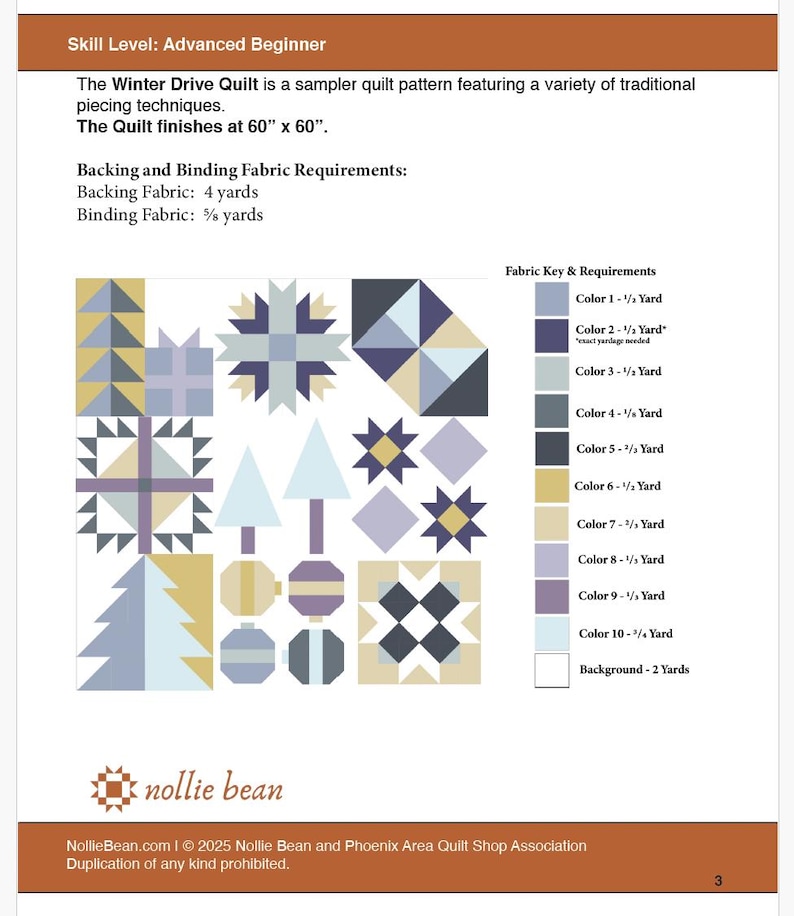 May include: A Winter Drive Quilt sampler pattern document with a 60" x 60" finished size. The page displays a grid of geometric shapes including trees, stars, and ornaments in shades of blue, purple, and gold, alongside a fabric key.