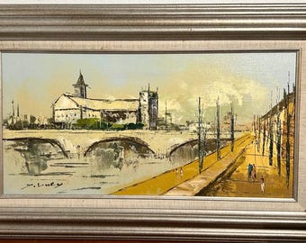 Cuadro de MCM que representa una escena de un canal europeo, firmado.