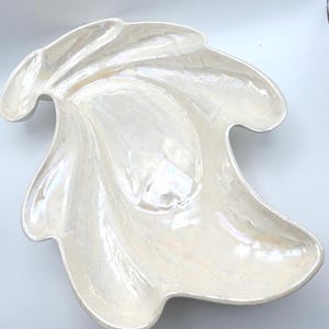 May include: A pearlescent white decorative serving dish with a unique, flowing, seashell-like design. The dish has a wavy, organic shape with a glossy finish. This elegant piece is ideal for serving appetizers or as a decorative accent.