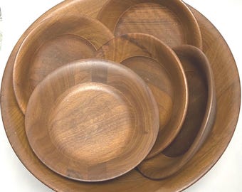 Kustom Kraft Black Walnut Salad Set with Serving Bowl and Five Salad Bowls