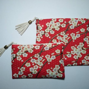 Make-up pouch in Japanese red and yellow shell fabric.