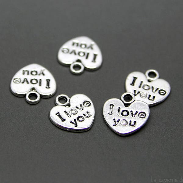 x5 breloques coeur I love you (12x11mm) métal couleur argenté