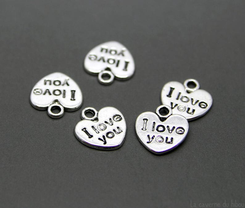 x5 breloques coeur I love you 12x11mm métal couleur argenté image 1