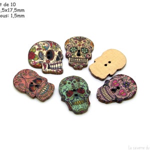 x10 boutons en bois (24,5x17,5mm) têtes de mort mexicaines - Plusieurs choix disponibles