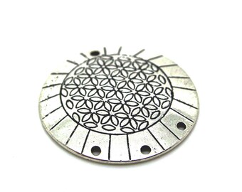 Pendentif connecteur ethnique  (34mm) métal argenté vieilli