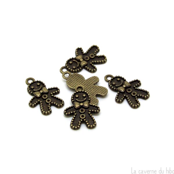 x5 breloques pain d'épices gingerbread (18x13mm) métal couleur bronze