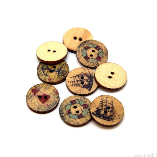 x10 boutons en bois (dia.20mm) thème marin