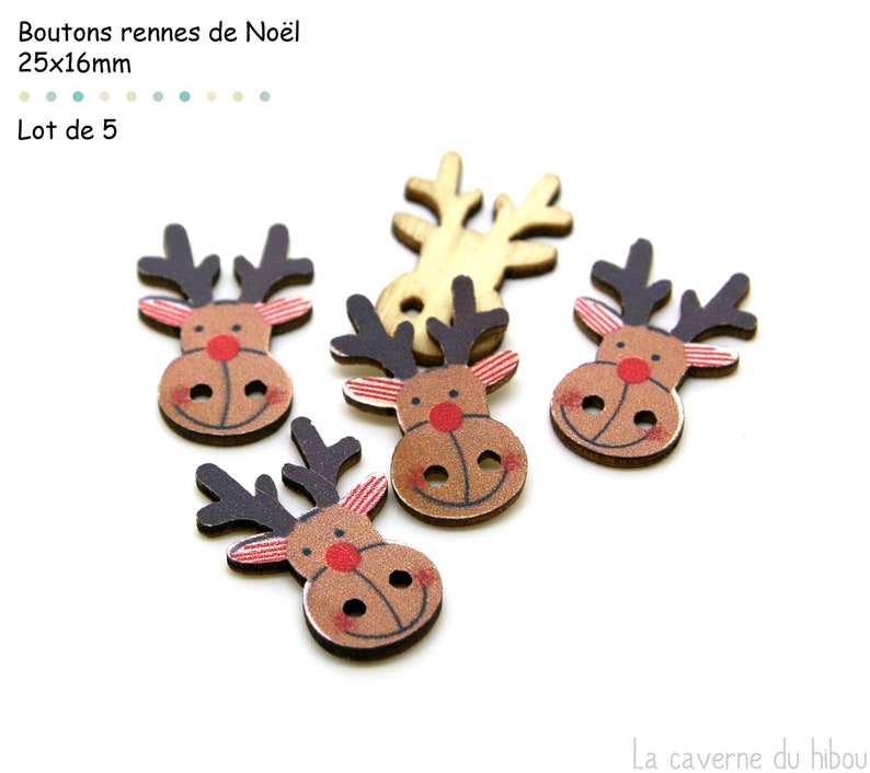 Boutons en bois Thème Noël Au choix x5 rennes de Noël