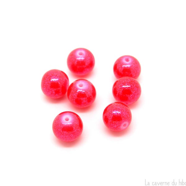 x10 perles en verre (10mm) couleur rose fluo