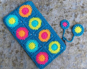 Pencil case made with duck blue crochet, multicolored rounds and circles, zipped cotton lining