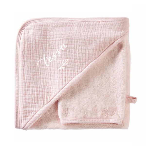 Ensemble cape de bain personnalisée et gant Eponge gaze de coton rose blush