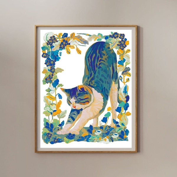 Blauwe eigenzinnige kat - 8x10 inch Limited edition Giclée kunstprints / kattenkunstprint / grillige kunstprint