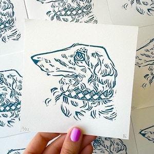 Dapper dog linocut print in bluish grey