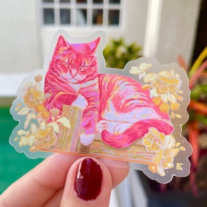 Pink chief Cat Transparent Vinyl sticker // Waterproof sticker - Die cut sticker - Cat sticker