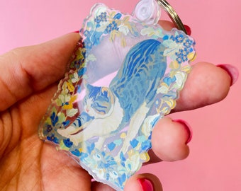 Acrylic keychain Blue whimsy cat