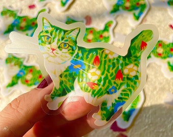 Spring cat transparent vinyl sticker // Waterproof sticker - Cat sticker - Die cut sticker