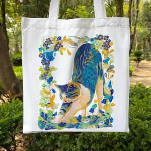 Blue whimsy cat Tote bag // unique tote bag /sturdy and double sided printed totebag.