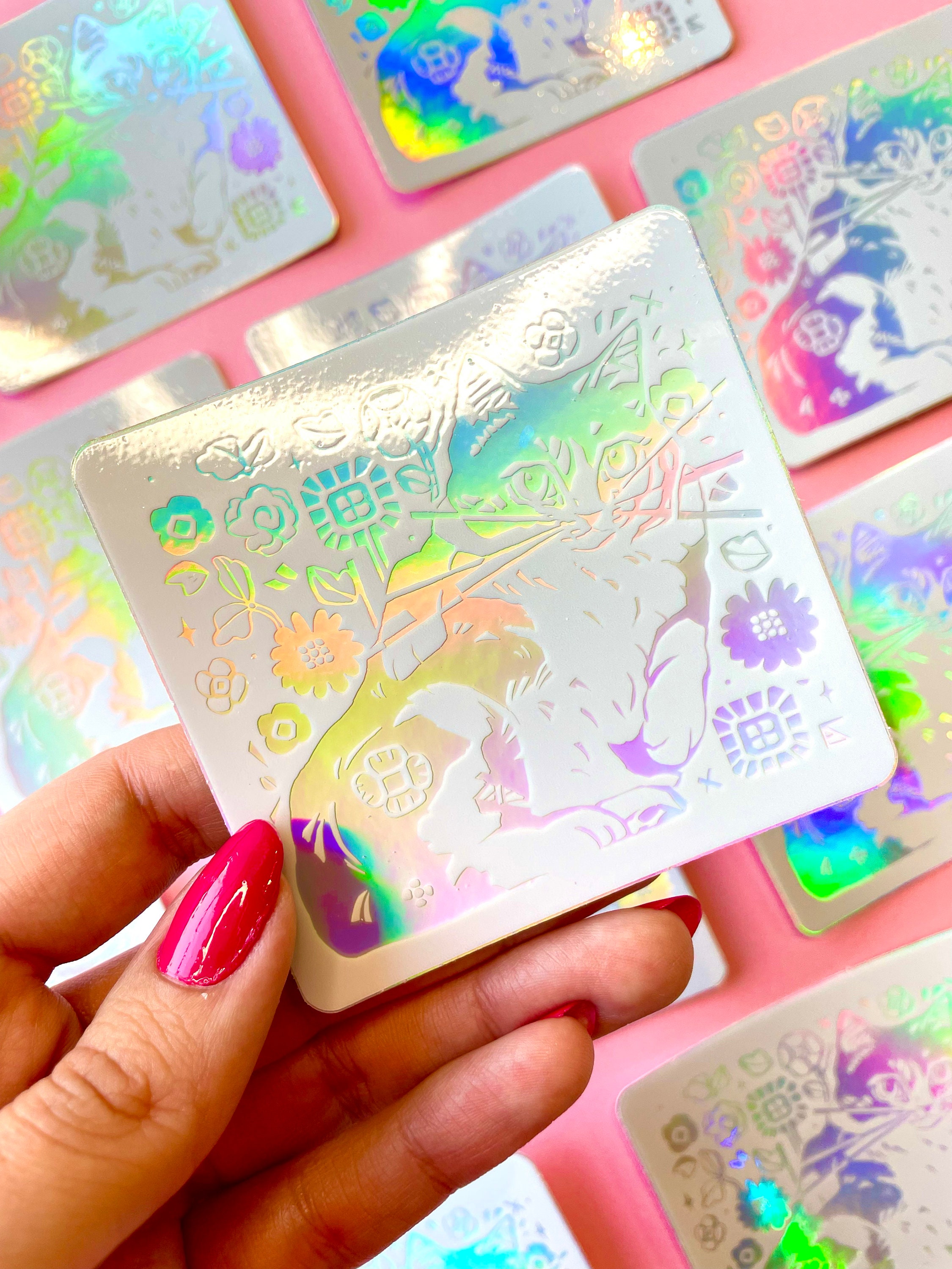 Holographic Cat Sticker - Floral Die Cut, Waterproof Vinyl - Etsy