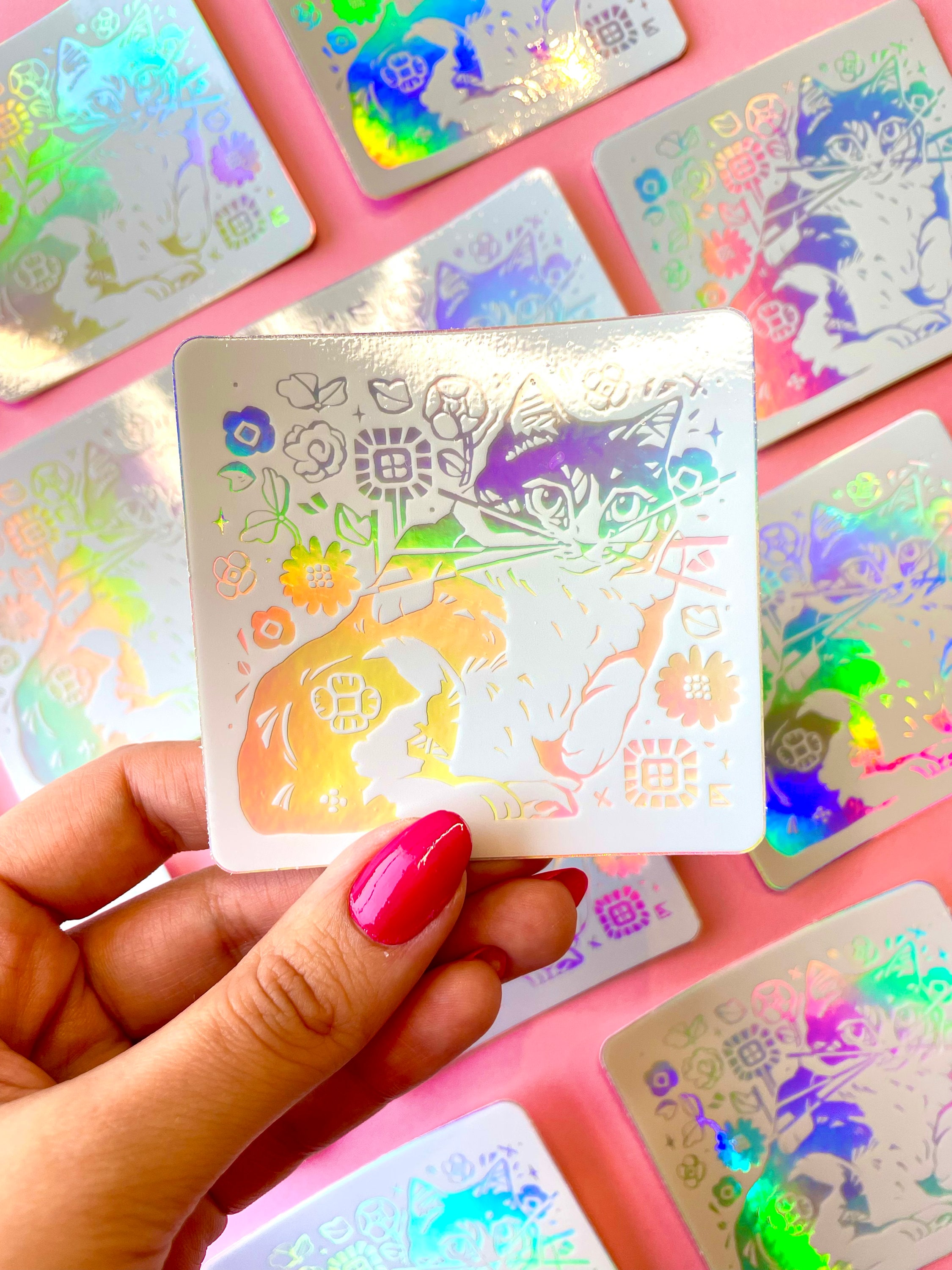 Holographic Cat Sticker - Floral Die Cut, Waterproof Vinyl - Etsy