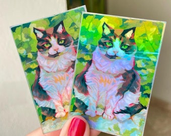 Pegatina holográfica de gato travieso – Vinilo troquelado resistente al agua