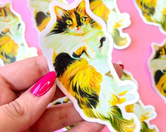 Pencil colors cat Large vinyl sticker // Waterproof sticker -Die cut sticker - Cat sticker