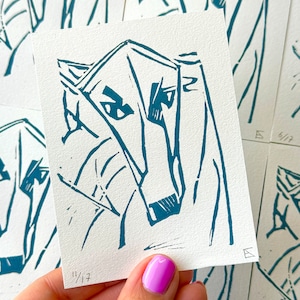 Dog linocut print in greyish blue