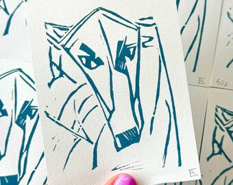 Dog linocut print in greyish blue