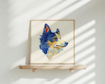Giclée Dog Print – Blue and Yellow, Limited Edition Art (8x8 Inches)