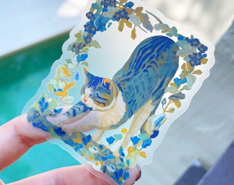 Blue whimsy cat transparent vinyl sticker // Waterproof sticker - Cat sticker - Die cut sticker