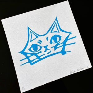 Blue cat  linocut print