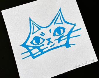 Blue cat  linocut print