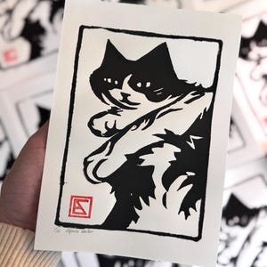 Cat linocut print