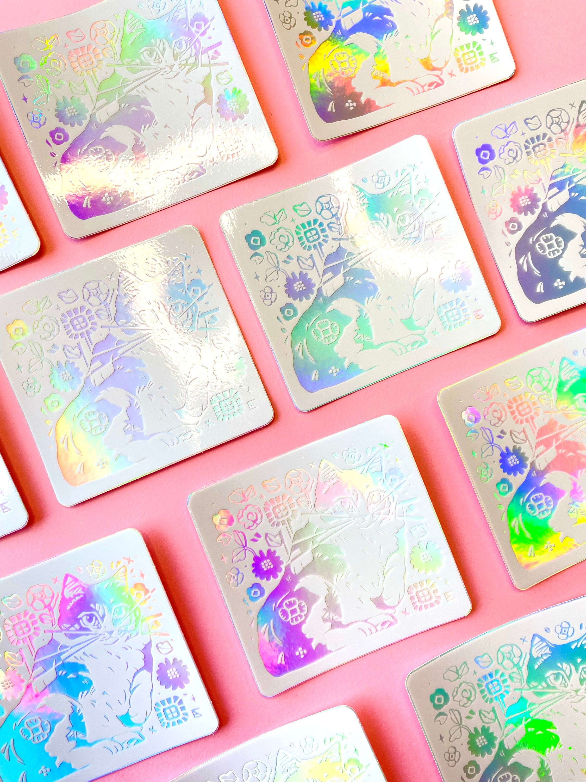Holographic Cat Sticker - Floral Die Cut, Waterproof Vinyl - Etsy