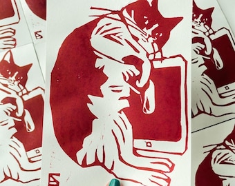 Red IPad cat linocut print