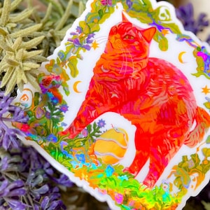 Holographische Katze Vinyl Aufkleber - ""Yoni & the cosmic Egg"" - Wasserfester Aufkleber - Die geschnittene Aufkleber - Katzenaufkleber."