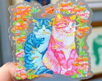 Pegatina impermeable de gatos para San Valentín – Vinilo transparente troquelado